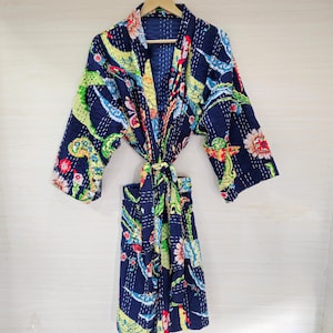 Indian Soft Fabric Stitched Kantha Kimono, Floral Bird Printed Kantha Kimono, Night Wear Dress Kimono, Winter Wear Boho Hippie Bathrobes