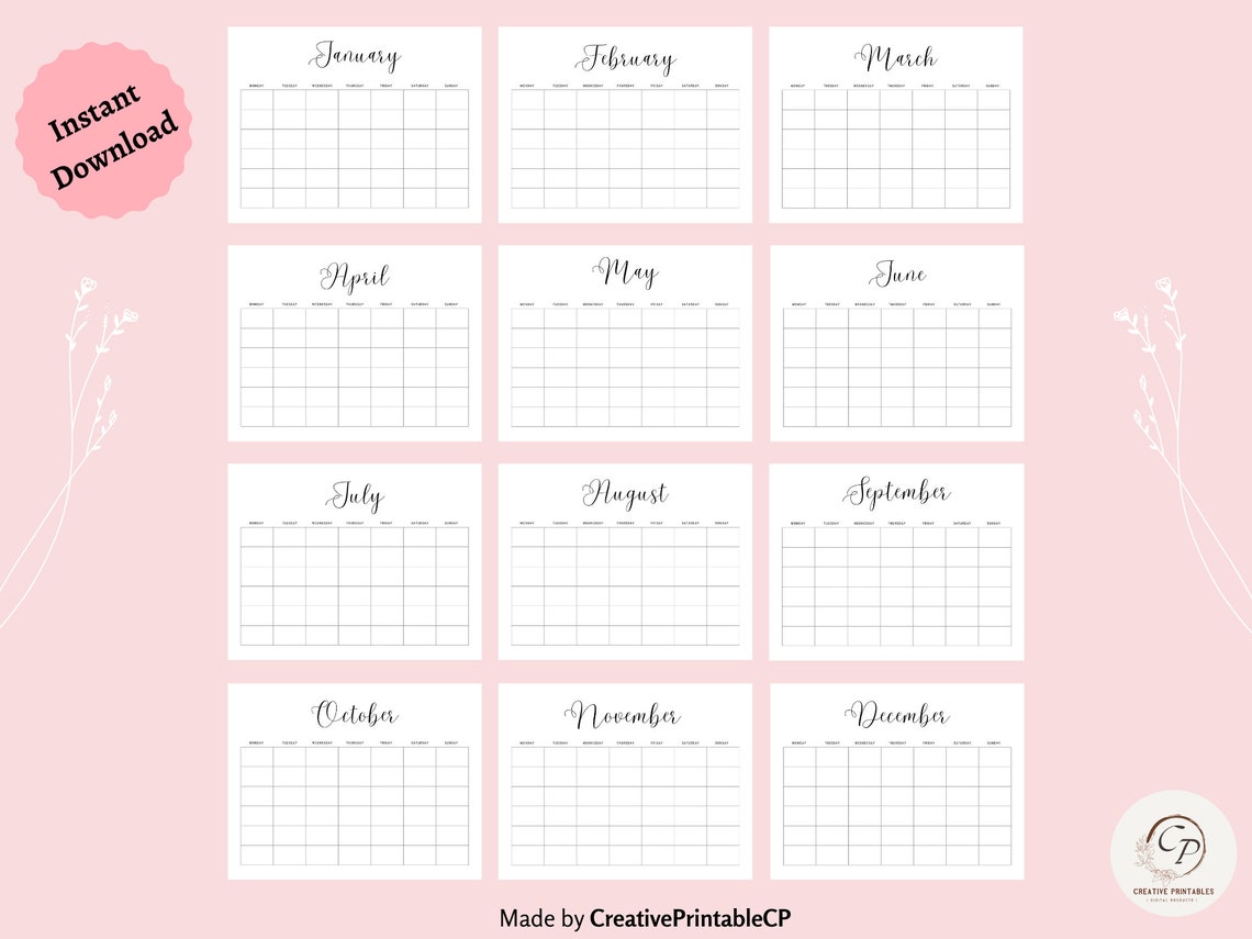 Printable Monthly Blank Calendar Monday-start, Simple Calendar, A4 & US ...