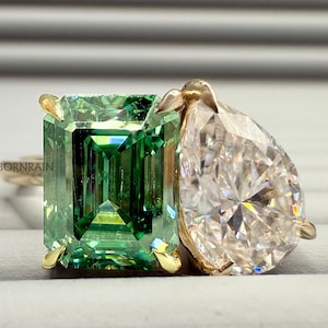 Green Emerald & Pear Cut Moissanite Engagement Ring Two Stone Toi Et Moi Ring,  Green Emerald Cut Unique Wedding Ring, Anniversary Gift Ring