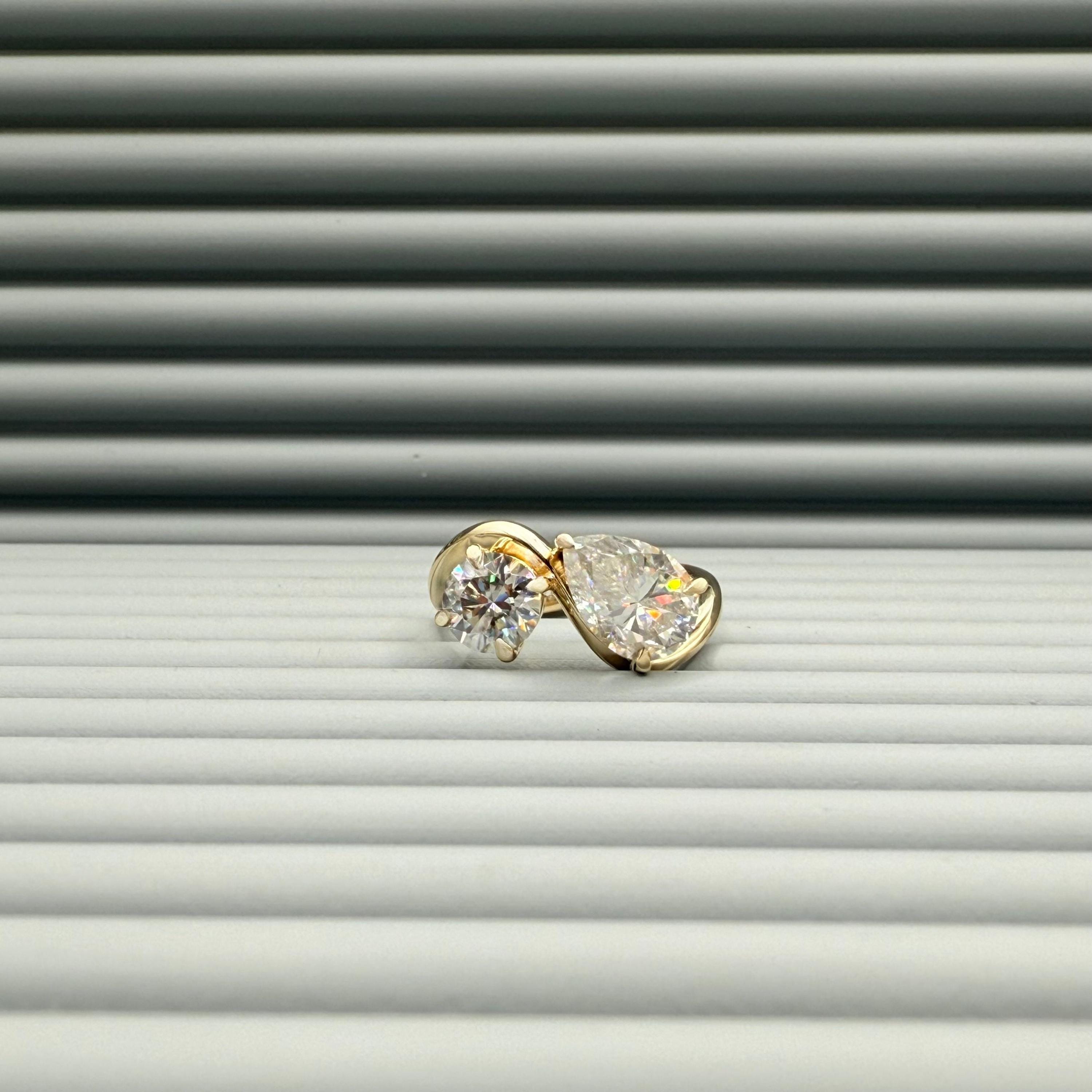 Two Stone Engagement Ring, Toi Et Moi Tear Drop Cut And Round Cut Moissanite Wedding Ring, 14K Solid Yellow Gold Wedding Ring, Promise Ring