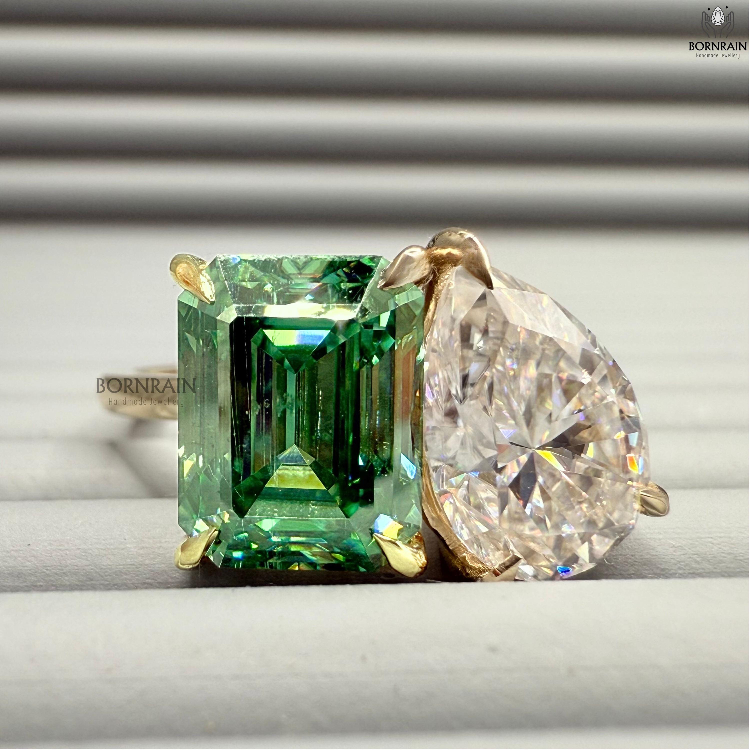 Green Emerald & Pear Cut Moissanite Engagement Ring Two Stone Toi Et Moi Ring,  Green Emerald Cut Unique Wedding Ring, Anniversary Gift Ring