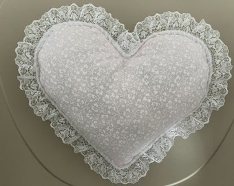 Lace | Pink and white ivy leaf floral | Handmade | Heart Cushion/Pillow