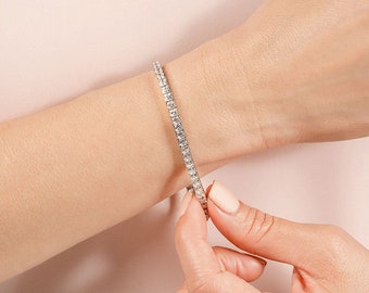 18K Solid Gold Lab Grown Diamond Tennis Bracelet - Princess Cut Diamond Prong Setting Tennis Bracelet - Dainty Bracelet - Gift for Women/Man