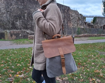 Bolso mochila vintage Copenhague | Bolso transformador gris hecho de lona y cuero genuino | Robusto | Retro | Hecho a mano | Artesanía