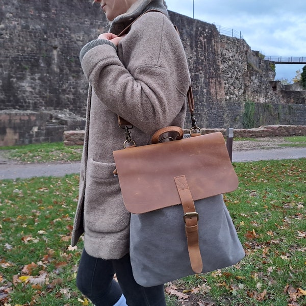 Vintage Rucksack Tasche Kopenhagen | Grau Verwandlungstasche aus Canvas & echtes Leder | Robust | Retro | Handgefertigt | Handwerkskunst