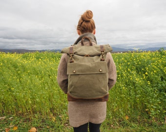 Mochila Vintage Oslo Oliva | Lona y cuero genuino | Robusto | Retro | Hecho a mano | Artesanía