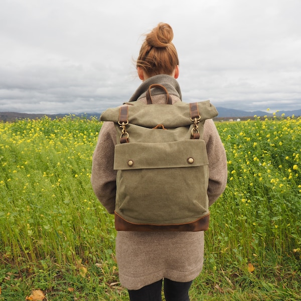 Sac À Dos Vintage Oslo Olive | Toile et cuir véritable | Robuste | Rétro | Fait à la main | Artisanat