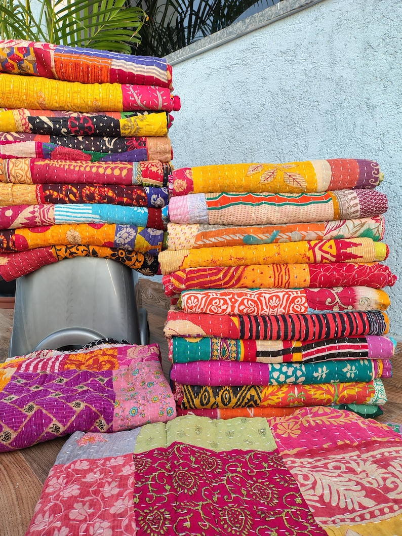 Wholesale Lot Of Indian Vintage Throw Patchwork kantha Quilt Handmade Cotton Bedspread Reversible Assorted Multicolor Blanket 85X55 Inch image 7