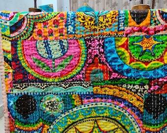 Handmade Indian Vintage Floral Kantha Quilt Multi Print Throws Kantha Boho Bedspread Reversible Cotton Quilt Bohemian Decor Kantha