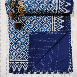 Indian Hand Block Print Blue Indigo Kantha Throw Blanket Reversible Cotton Blue Bedding Bedspread Boho Bed/Sofa Decor Kantha