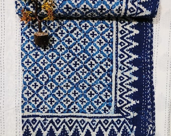 Indiase handblok indigo print kantha quilt omkeerbare katoenen sprei boho koningin kantha deken