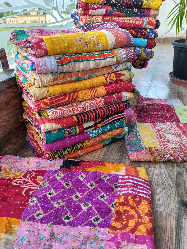 Wholesale Lot Of Indian Vintage Throw Patchwork kantha Quilt Handmade Cotton Bedspread Reversible Assorted Multicolor Blanket 85X55 Inch image 15