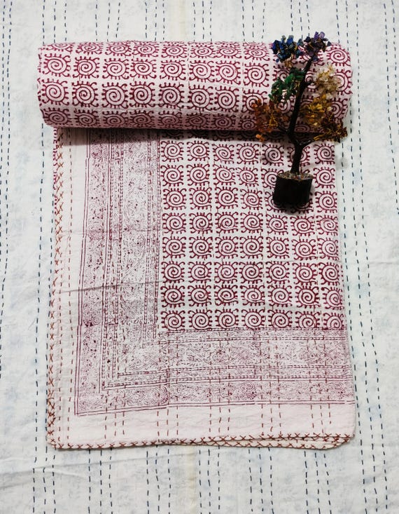 Indian Hand Block Print Cotton Queen Size Reversible Kantha Quilt