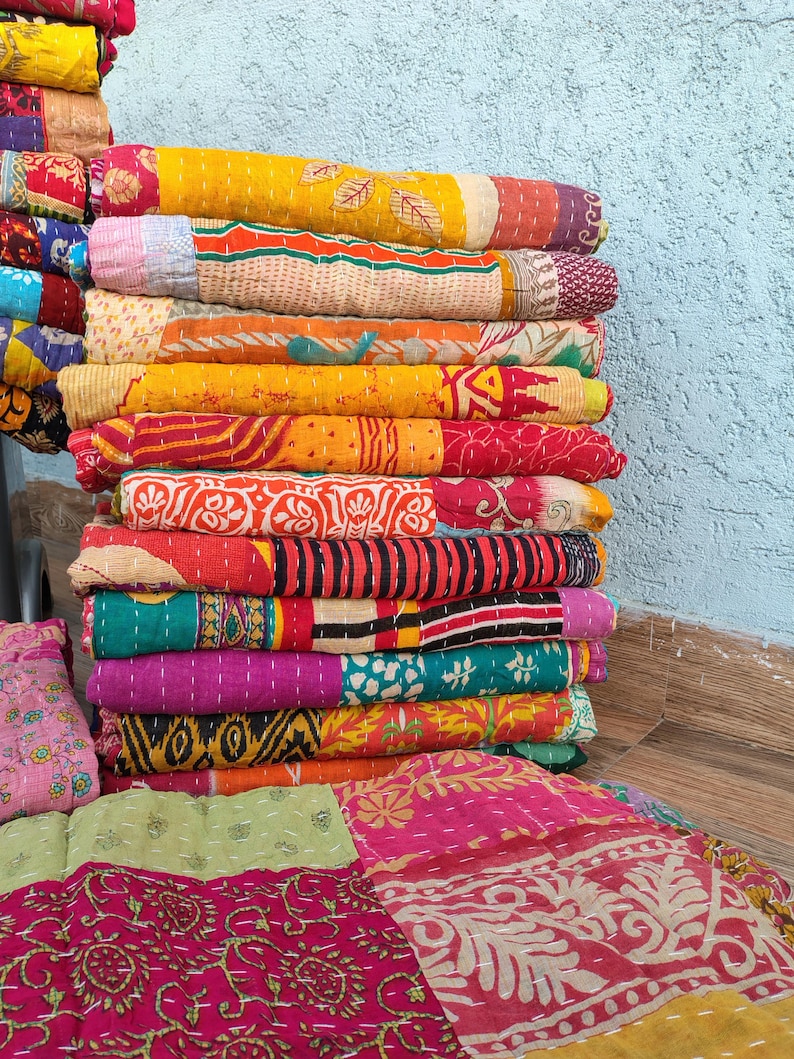Wholesale Lot Of Indian Vintage Throw Patchwork kantha Quilt Handmade Cotton Bedspread Reversible Assorted Multicolor Blanket 85X55 Inch image 8