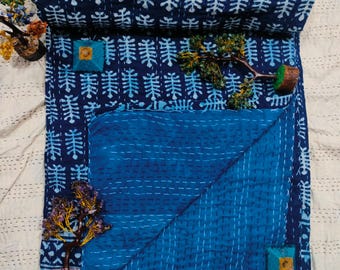 Blue Indigo Hand Block Print Kantha Quilt | Indian Handmade Throw Bohemian Bedding Kantha | Reversible Cotton Bedspread Kantha Blanket Quilt