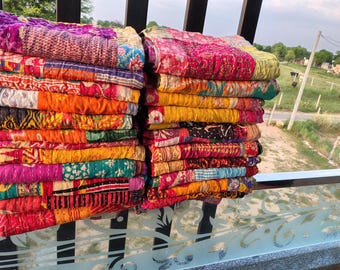 Wholesale Lot Of Indian Vintage Patchwork Kantha Quilt Assorted Multi Color Handmade Cotton Sari fabric kantha Throw Blanket 85X55 Inch