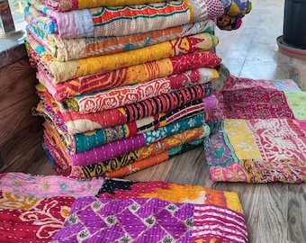 Wholesale Lot Of Indian Vintage Patchwork Kantha Quilt Handmade Throw Reversible Blanket Bedspread Cotton Fabric Bohemian Boho Hippie Quilt