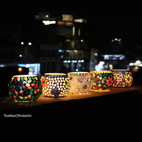 Lot de 5 porte-bougies chauffe-plat en mosaïque pour la décoration de la maison, photophores turcs pour bougie chauffe-plat en verre