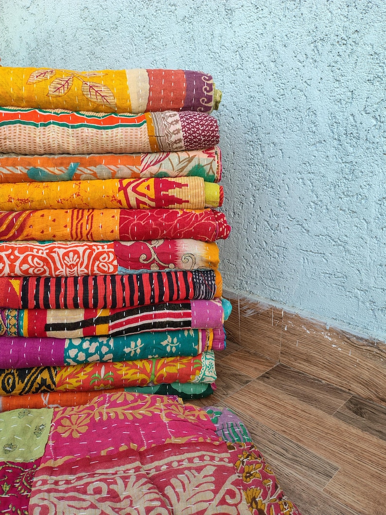 Wholesale Lot Of Indian Vintage Throw Patchwork kantha Quilt Handmade Cotton Bedspread Reversible Assorted Multicolor Blanket 85X55 Inch image 17