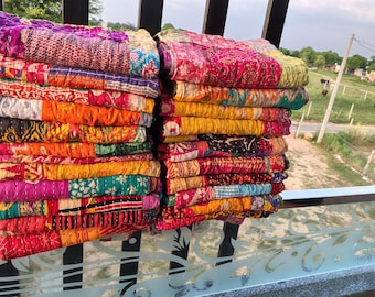 Wholesale Lot Of Indian Patchwork Kantha Quilt Handmade Throws Vintage Reversible Assorted Multicolor Hippie Bed Decor Blanket 85X55 Inch