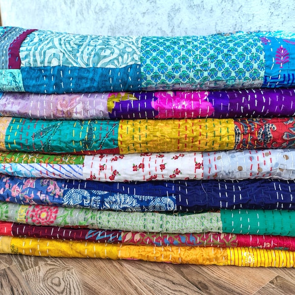 Wholesale Lot Of Indian Silk Patola Patchwork Kantha Bedspread : Reversible Throw Multicolor Queen Size kantha