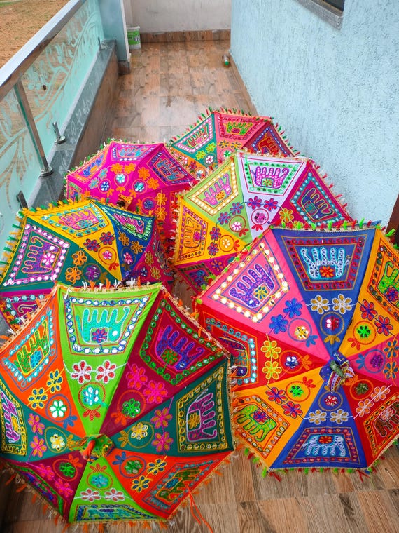 Wholesale Lot Of Indian Vintage Wedding Decorative Umbrella Elephant Print Silk Garden Decor Birthday Party Decor Umbrella 24 Inch