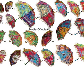 Wholesale 5 Pcs Lot Indian Hand Embroidered Vintage Cotton Mirror Work Parasol Hippie Boho Sun Shade Wedding Garden Decor Umbrellas