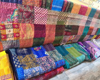 Veelkleurige Zijden Patchwork Patola Kantha Quilt Deken Handgemaakte Sprei Boho Omkeerbaar Bruiloft Bed Room Decor Kantha Quilt