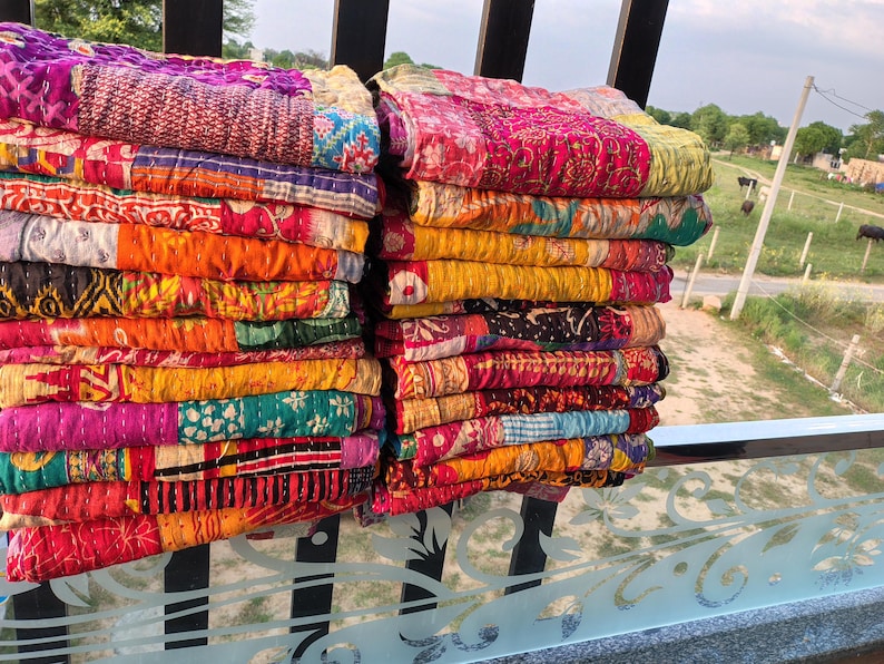 Wholesale Lot Of Indian Vintage Throw Patchwork kantha Quilt Handmade Cotton Bedspread Reversible Assorted Multicolor Blanket 85X55 Inch image 2