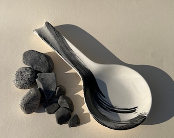 Handmade Pottery Spoon Rest: Modern Black and White Kitchen Decor