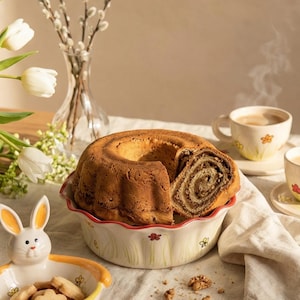 Può includere: Una tavola pasquale festosa con una torta a ciambella, un rotolo di semi di papavero e uova decorate. Include un piatto a forma di coniglietto con biscotti, due tazze di caffè e un vaso di salici e tulipani bianchi. La scena è su una tovaglia bianca.