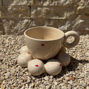 Modern Aesthetic Ceramic Cup with red hearts and Saucer / Cloud Coffee Mug with Saucer / Love cup with saucer