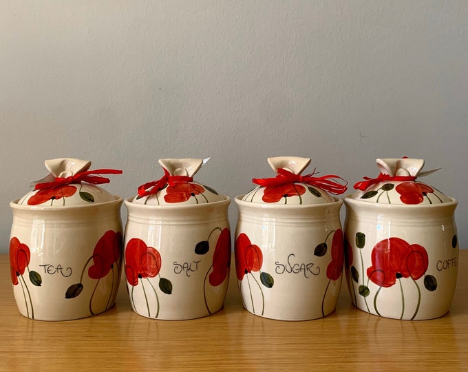 Red Poppy Kitchen Canister Set - Ceramic Jars for Coffee, Tea, Sugar, and Salt