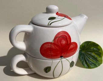 Two piece Ceramic Teapot with Red Poppy Flower