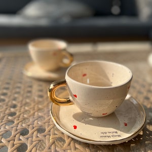 12k Real Gold  Handpainted on Ceramic Cup with stand  / Red Hearts with Gold Cup   / Luxury cup with stand