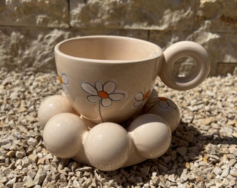 Daisy Flower Ceramic Cup and Saucer: Modern Cloud Coffee Mug