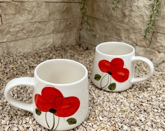 Ceramic Cup with Red Poppy Flower /  Cute Flower Cup