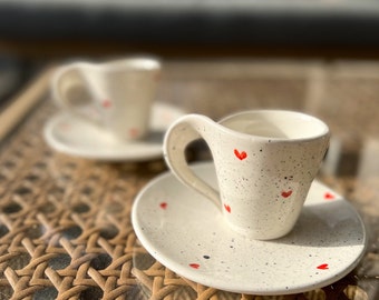 Espresso cup with hearts /Ceramic Espresso cup / Coffee cup and plate