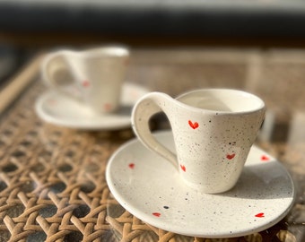 Ceramic Espresso Cup with Hearts: Coffee Cup and Plate