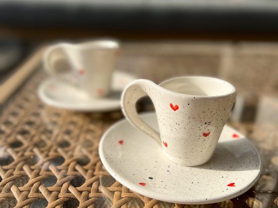 Ceramic Espresso Cup with Hearts: Coffee Cup and Plate