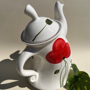 Ceramic Dancing Teapot / Teapot With Red Poopy Flower