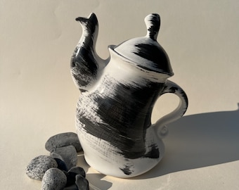 Hand-Painted Ceramic Teapot, Modern Black Line Art