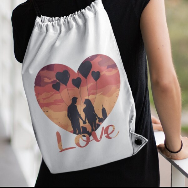 Sac de sport romantique avec silhouette de couple et ballons coeur