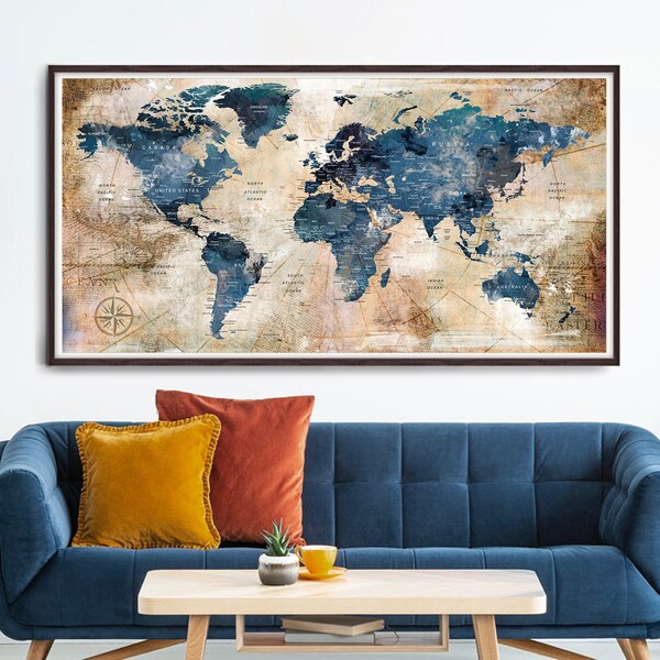 World Travel Map Print Unframed - World Map Poster Personalized Wedding Gift for Couples - First Year Wedding Anniversary Gift for Her - 069