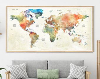 Travel Watercolor World Map - Push Pin Travel Map - World Pin Map Poster - Home Decor, Office decor for wall art - 029