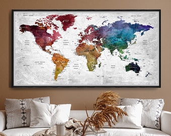 World Push Pin Colorful Map, Push Pin Map Poster, Travel Tracking, Anniversary Map Art Gift For couple who Travel, Christmas Gift - 041