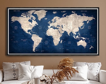 Large Navy Blue World Map Art Poster, Abstract Blue Push Pin Map Painting, Landscape Map Painting, Bedroom Living room Wall Art - 028