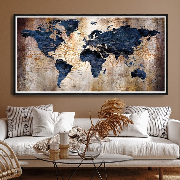 Push Pin World Map Dark Blue Watercolor World Map Print on Poster Wall Art for Living Room Bedroom Kitchen Office Home Decor - 085