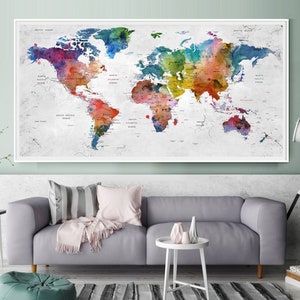 World Map Wall Art, Large Poster Adventure Push Pin Travel Map, Soft Color Decoration Watercolor, Home, Office, Living Room Decor - 003