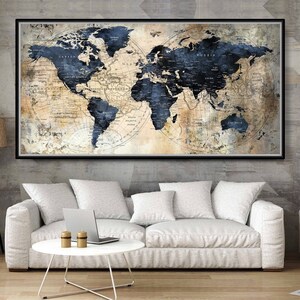 Large World Map Push Pin Executive Style Dark Blue, Black Pin World Map Poster Modern Map Print Travel Map Print 027 image 1